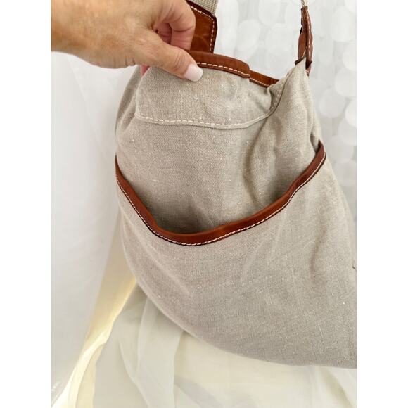 TERRA PAX Large Linen HEMP Slouchy Shoulder Bag Beige Leather Trim Sustainable - Picture 4 of 9